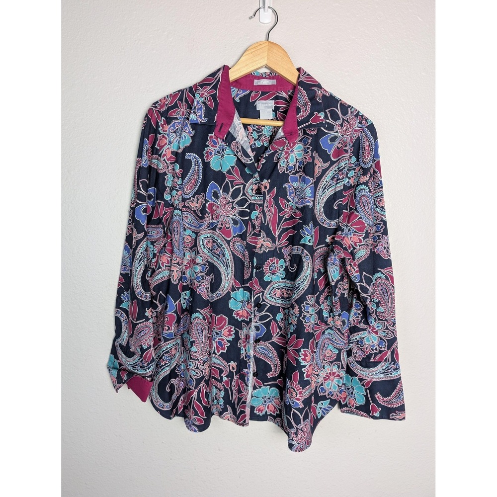 Chico's Tunic Button-Up Womens 16 Blue Paisley Collared Long Sleeve Stretch